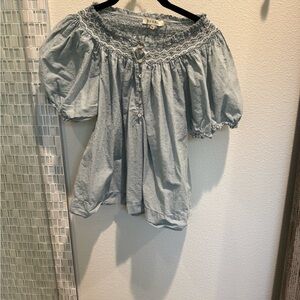 Elegant Light Blue Blouse with Lace Trim